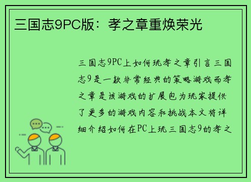 三国志9PC版：孝之章重焕荣光